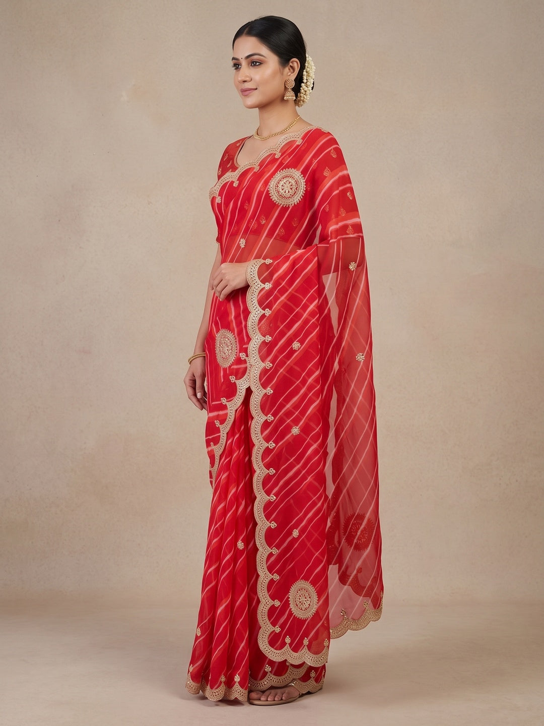 Peachmode Red Gota Work Georgette Saree - Image 3