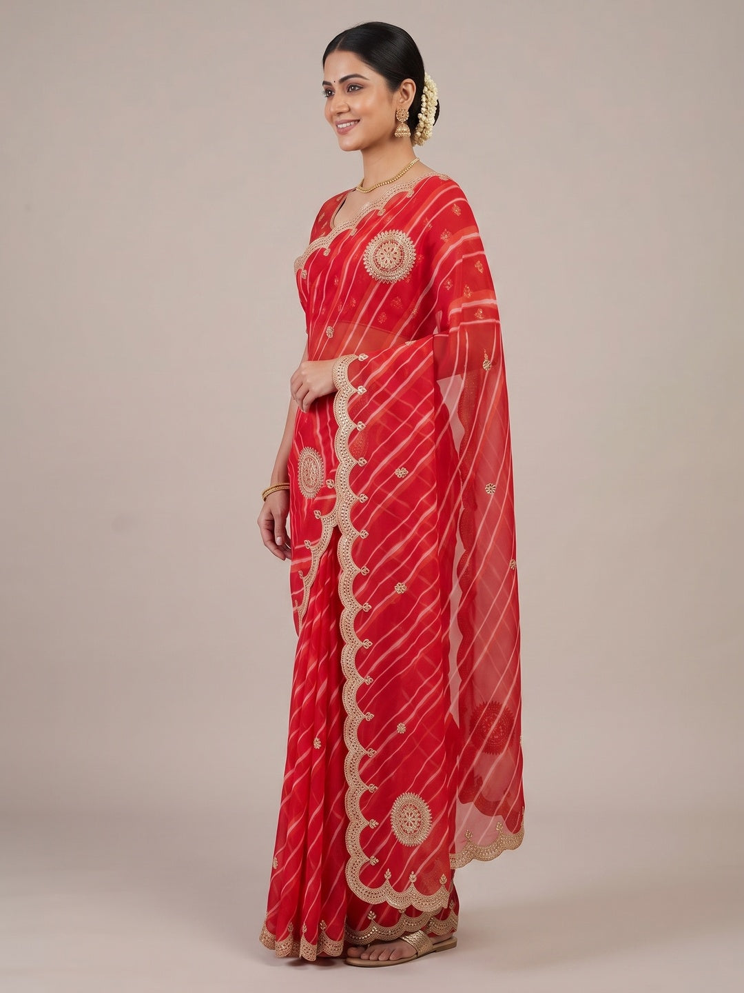 Peachmode Red Gota Work Georgette Saree - Image 4