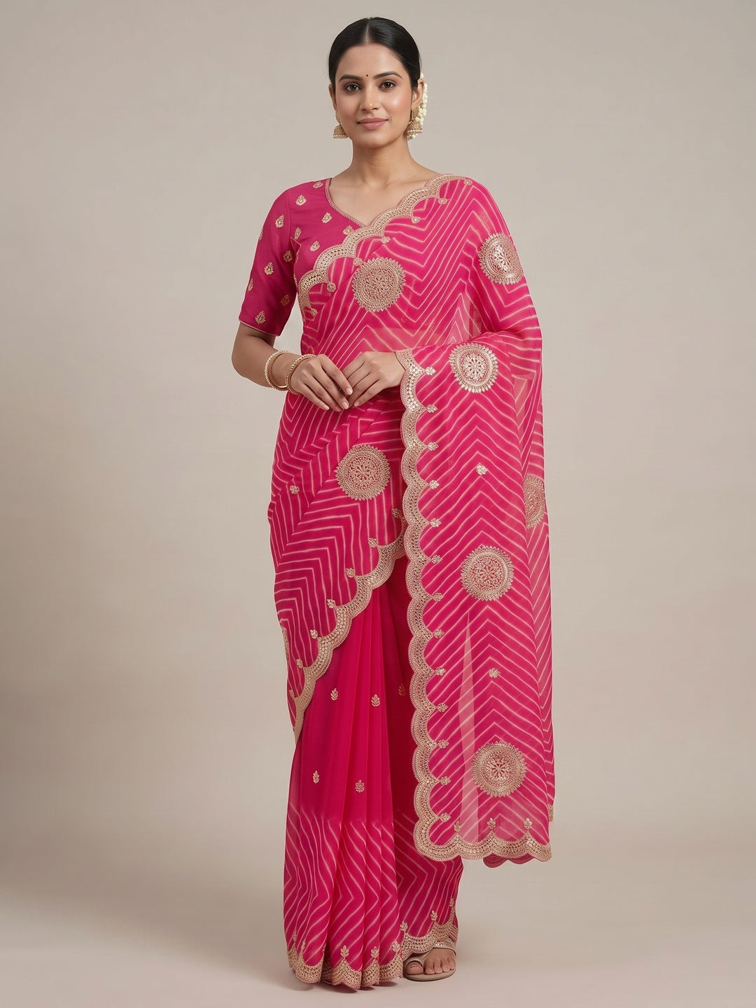 Peachmode Pink Gota Work Georgette Saree - Image 2