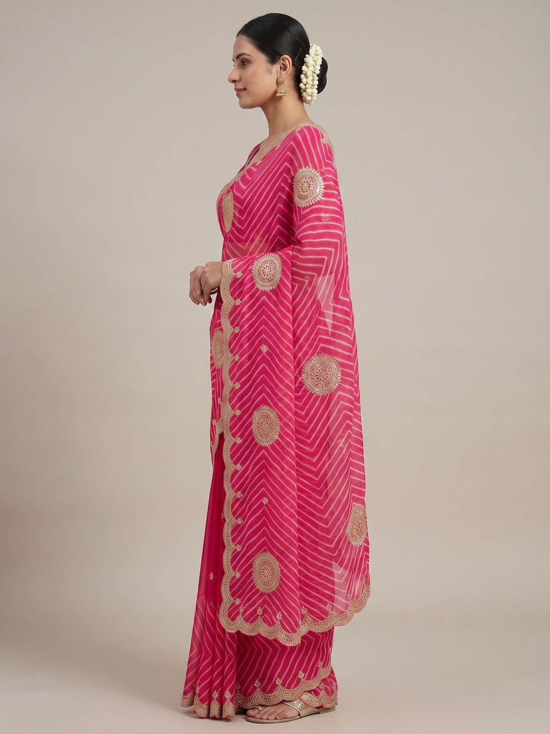 Peachmode Pink Gota Work Georgette Saree - Image 4