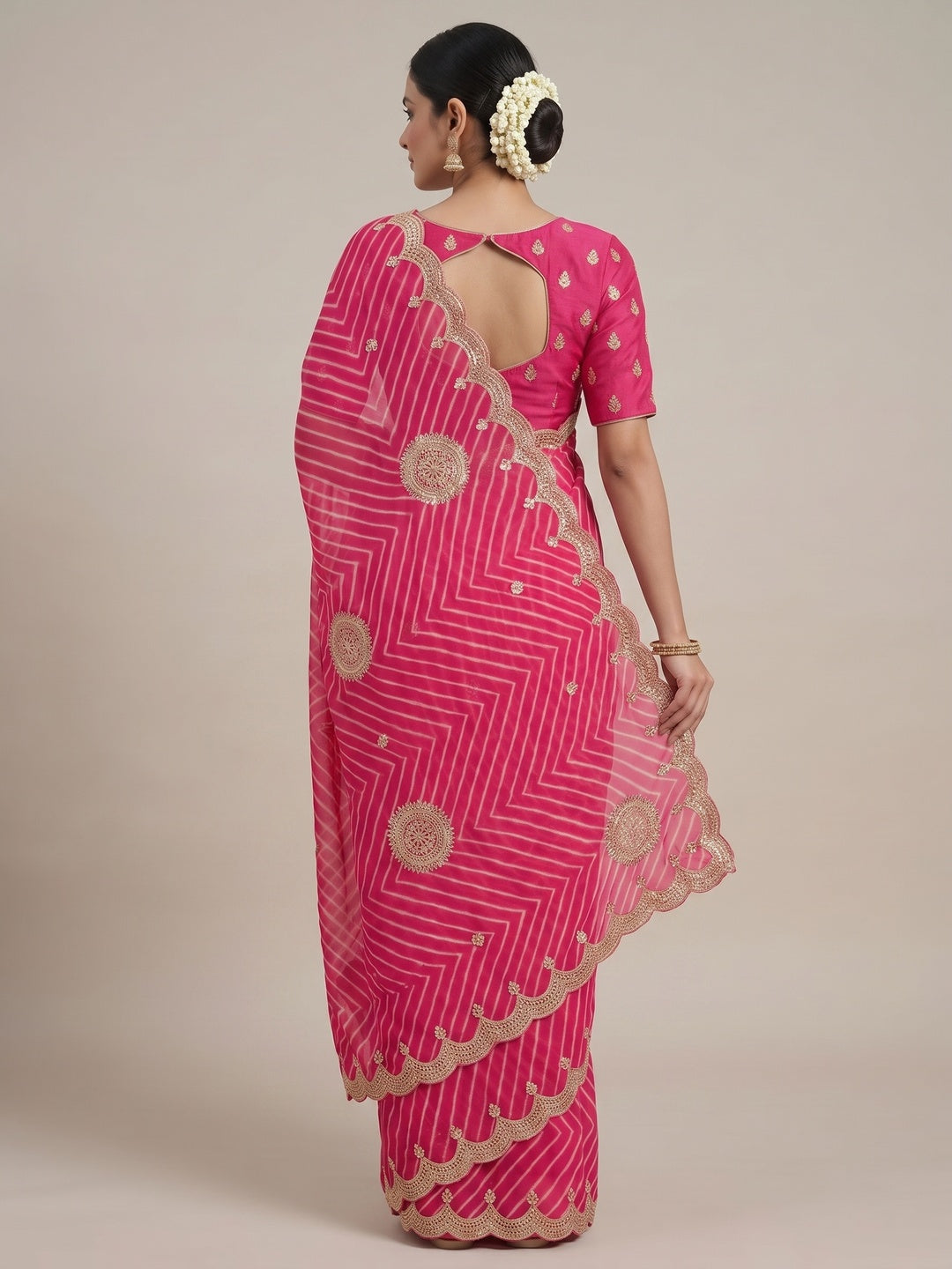 Peachmode Pink Gota Work Georgette Saree - Image 5