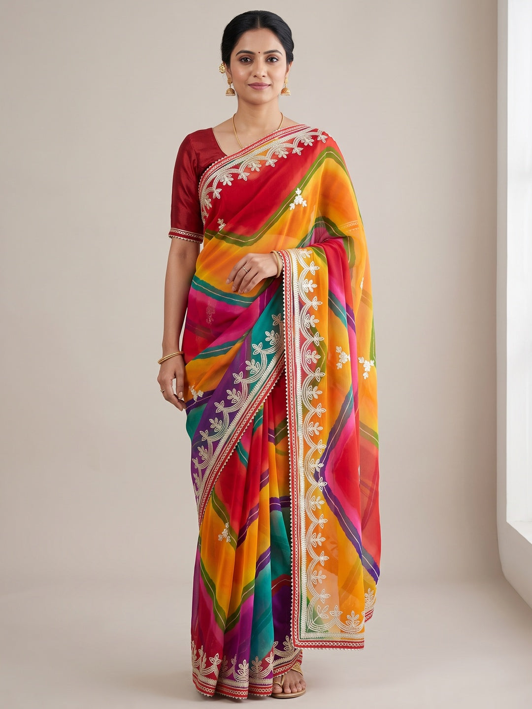 Peachmode Multicolor Gota Work Georgette Saree - Image 1