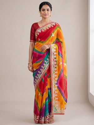 Peachmode Multicolor Gota Work Georgette Saree - Image 2