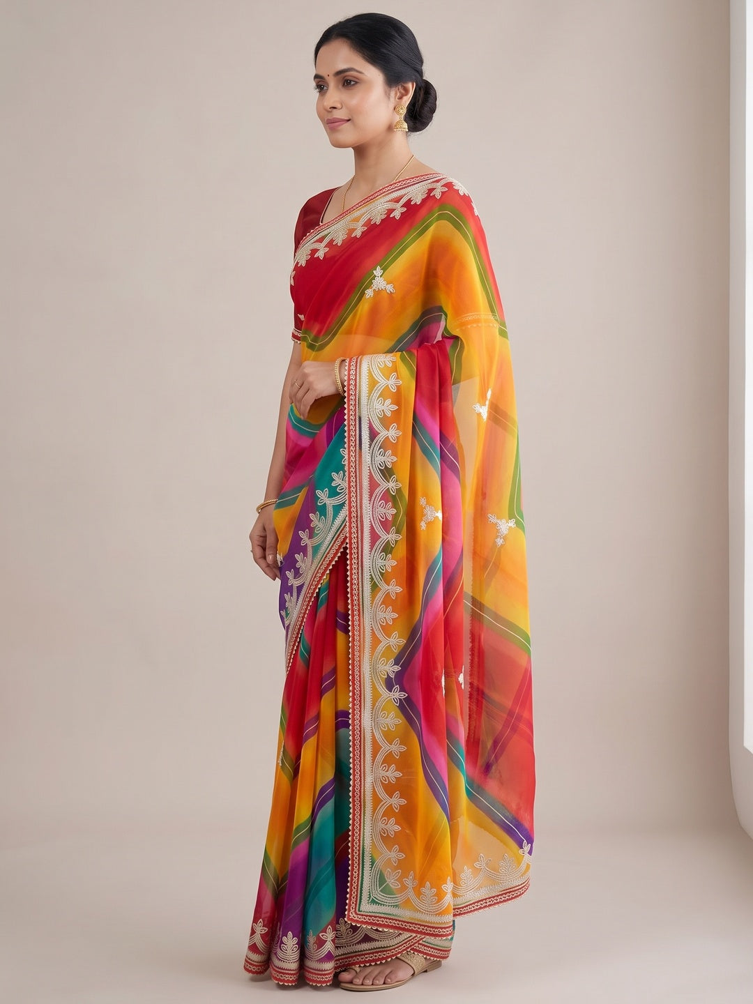 Peachmode Multicolor Gota Work Georgette Saree - Image 3