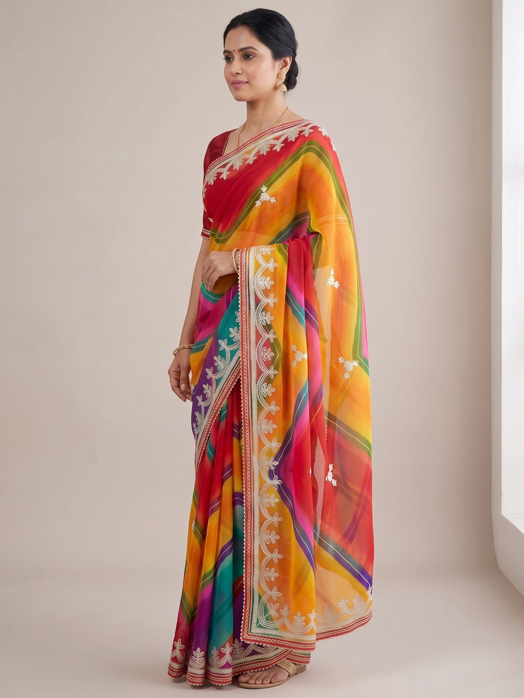 Peachmode Multicolor Gota Work Georgette Saree - Image 4