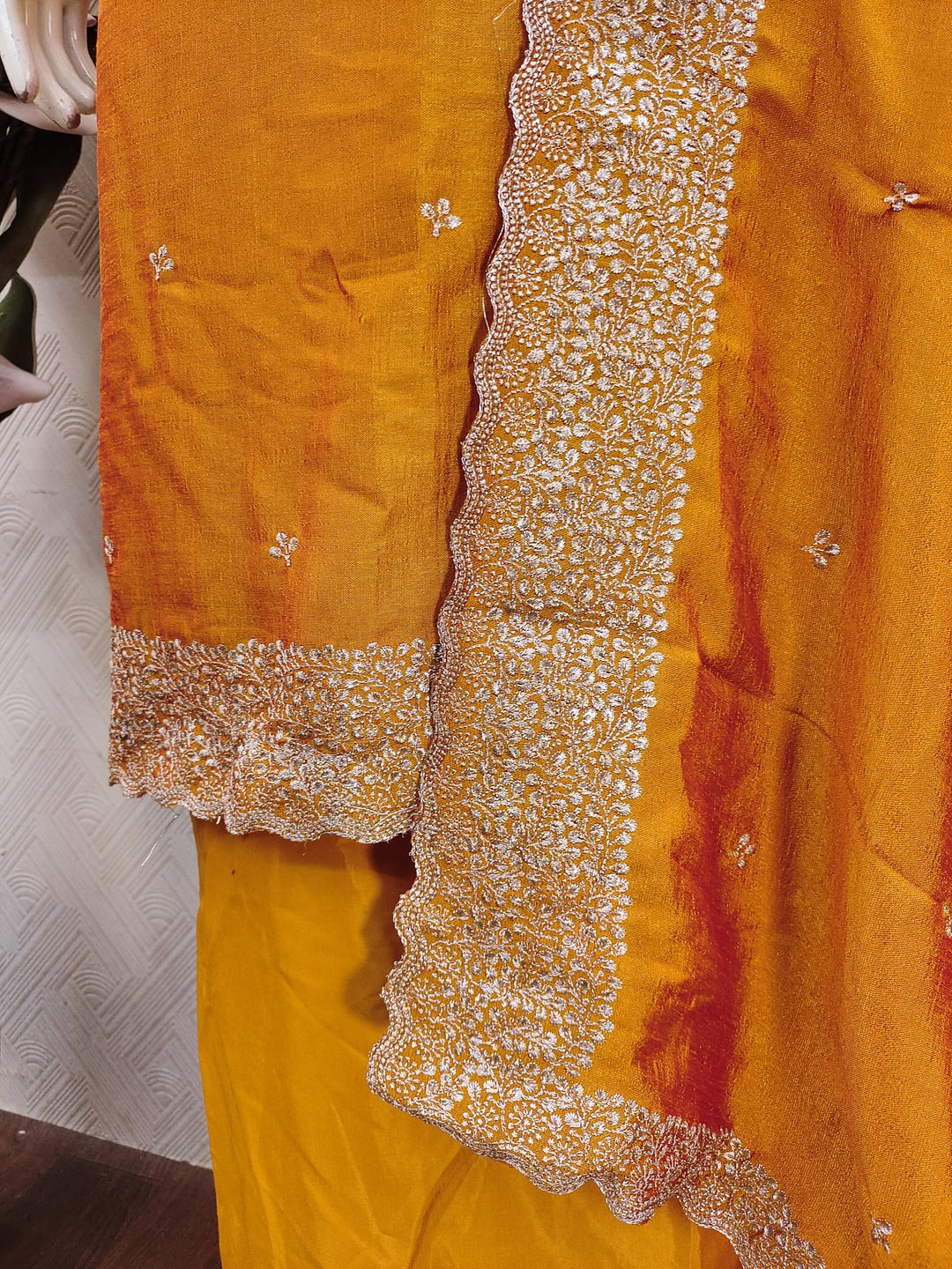 Peachmode Mustard Embroidered Vichitra Silk Dress Material - Image 2