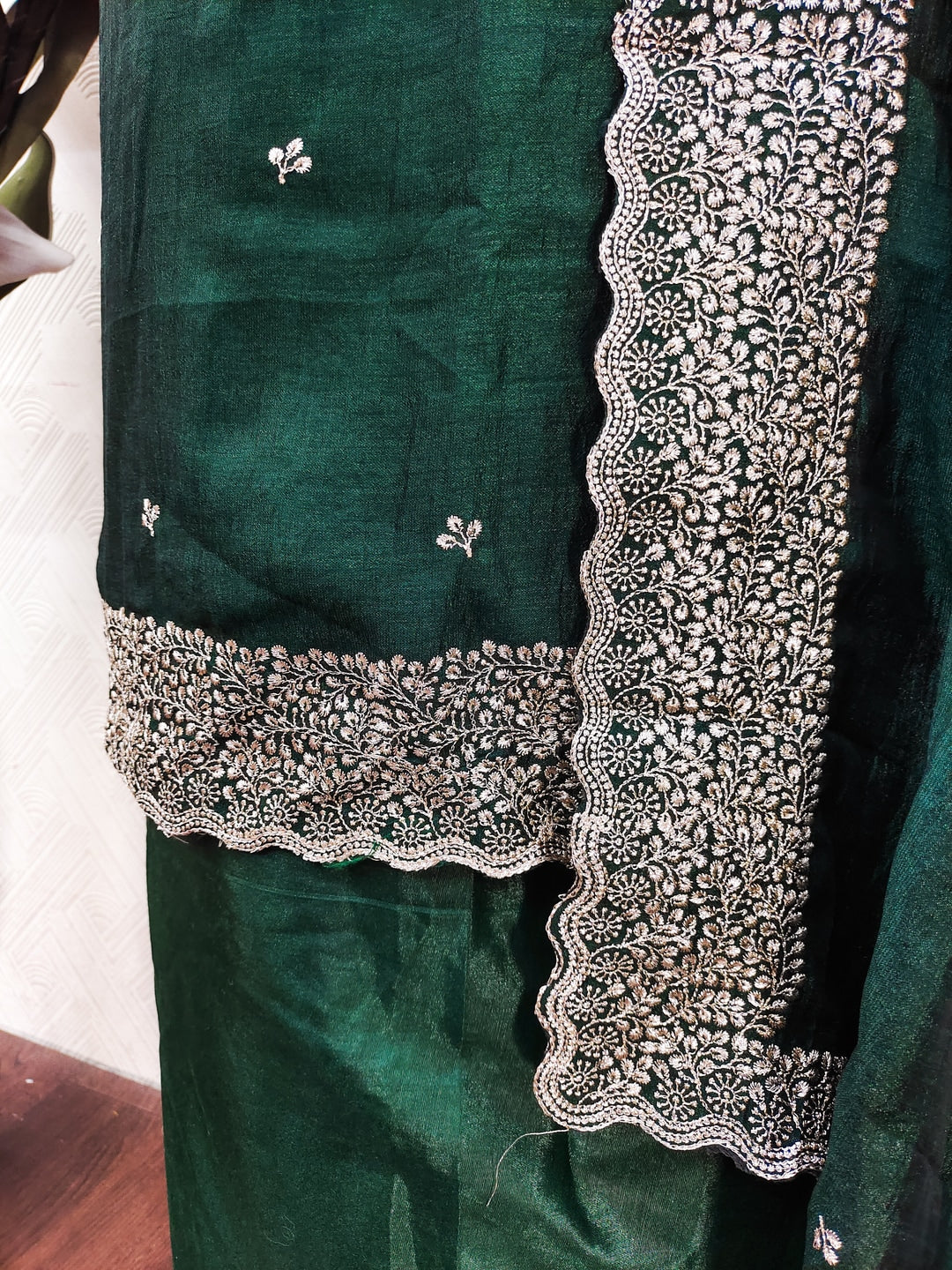 Peachmode Green Embroidered Vichitra Silk Dress Material - Image 2