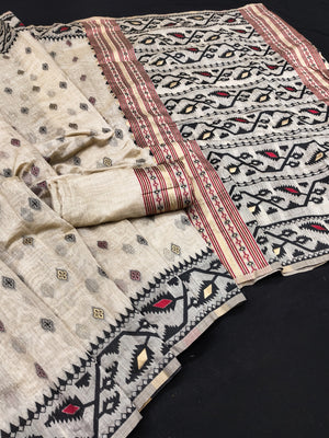 Peachmode Cream Multicolor Woven Cotton Blend Jamdani Saree - Image 1