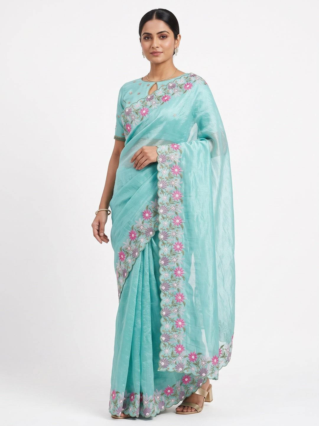 Peachmode Sea Green Floral Embroidered Crunchi Saree - Image 1