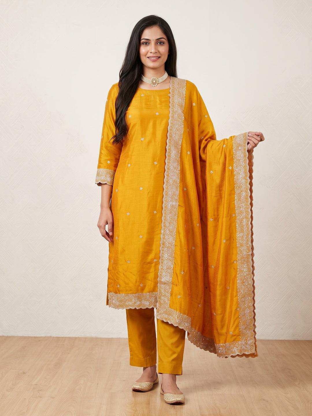 Peachmode Mustard Embroidered Vichitra Silk Dress Material - Image 1