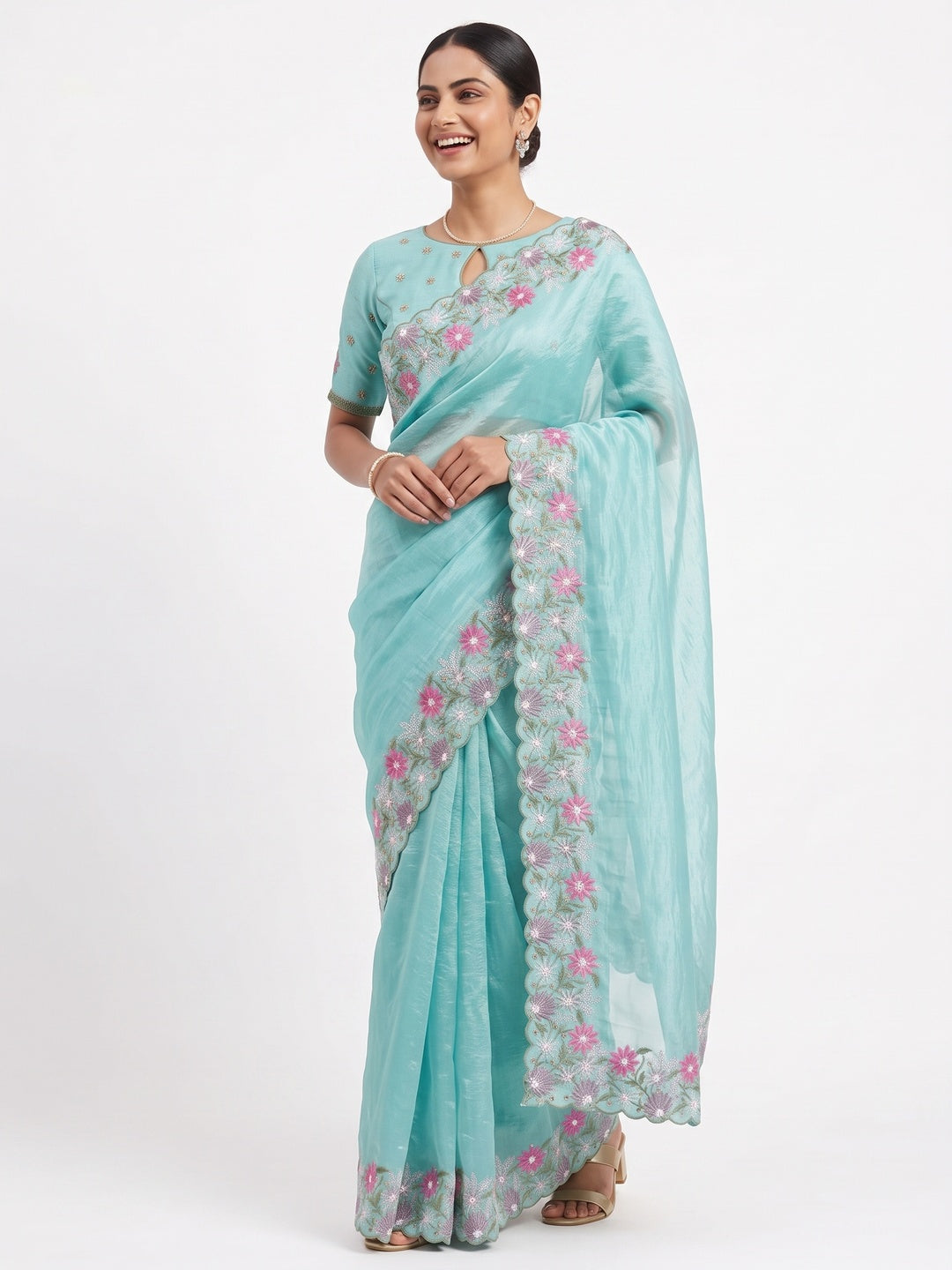Peachmode Sea Green Floral Embroidered Crunchi Saree - Image 5