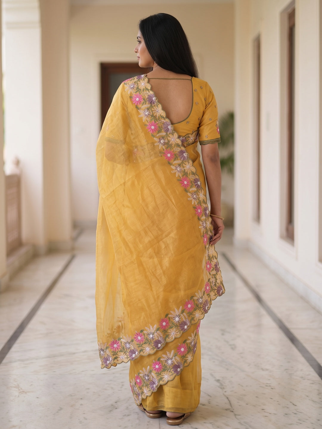 Peachmode Mustard Floral Embroidered Crunchi Saree - Image 4