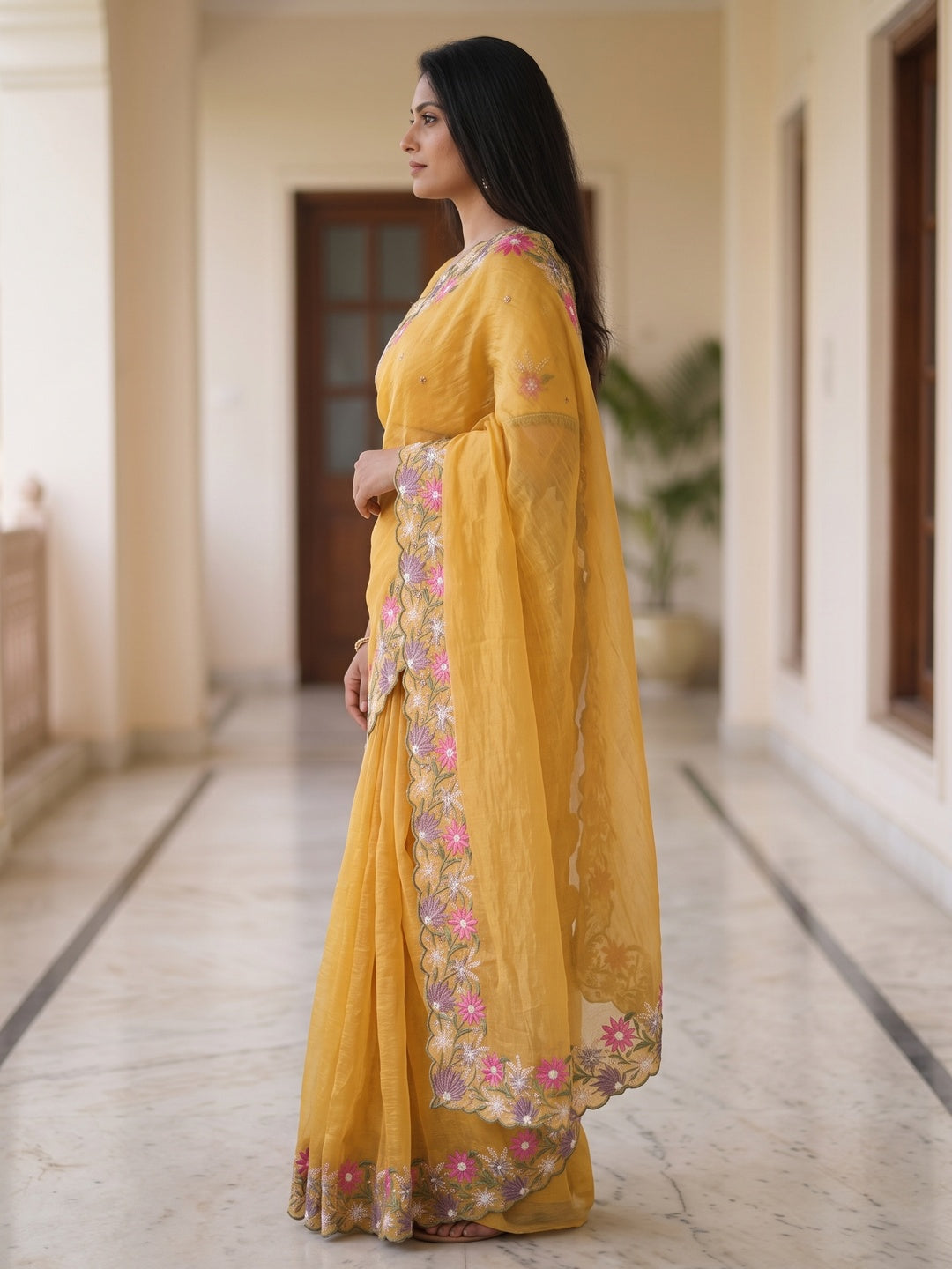 Peachmode Mustard Floral Embroidered Crunchi Saree - Image 5