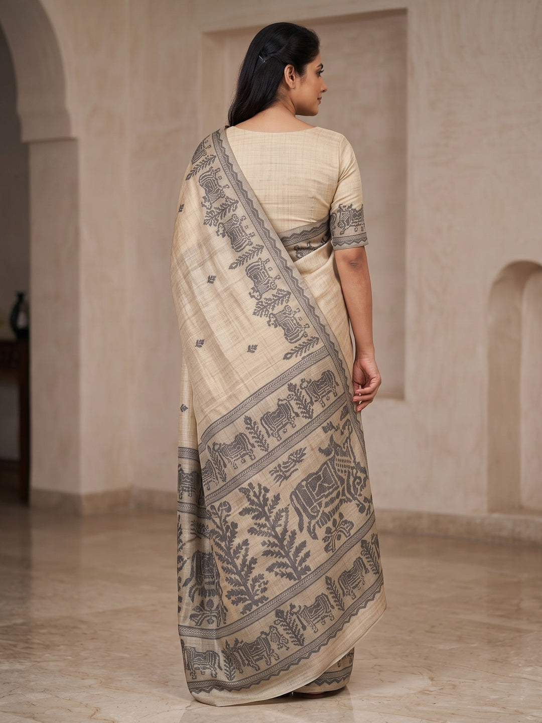 Peachmode Cream Grey Woven Cotton Blend Jamdani Saree - Image 3