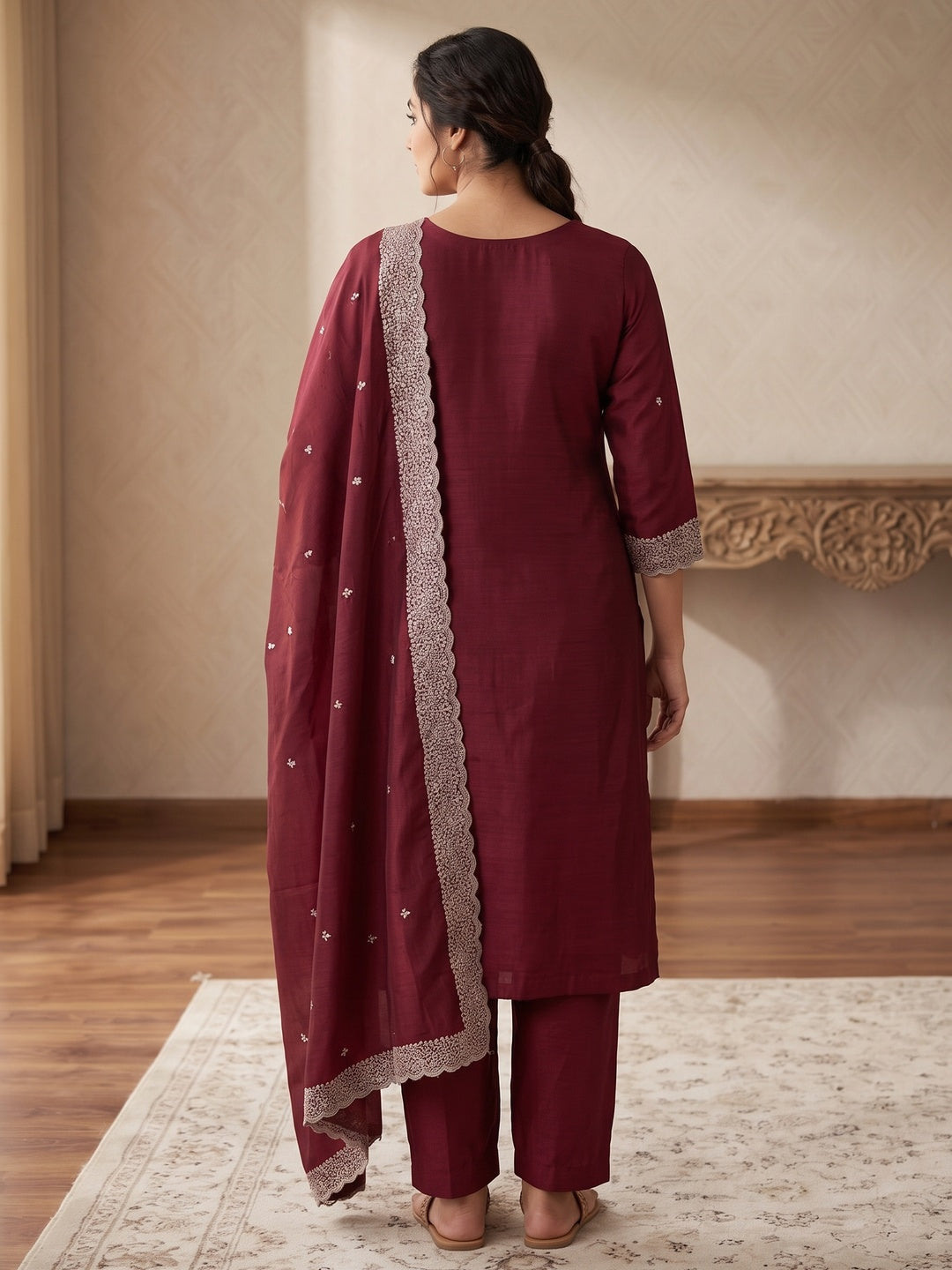 Peachmode Maroon Embroidered Vichitra Silk Dress Material - Image 3