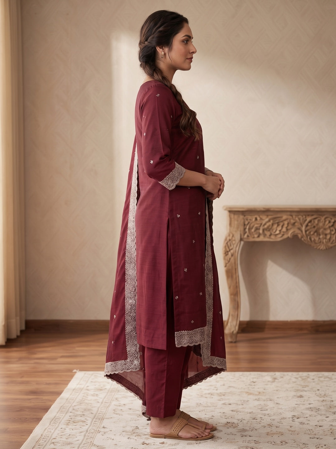 Peachmode Maroon Embroidered Vichitra Silk Dress Material - Image 4