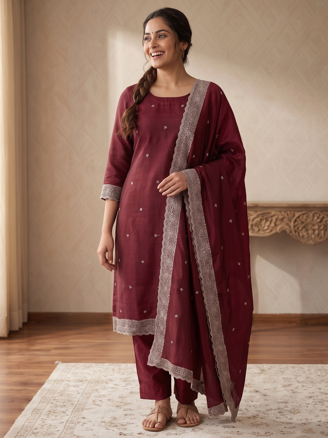 Peachmode Maroon Embroidered Vichitra Silk Dress Material - Image 5