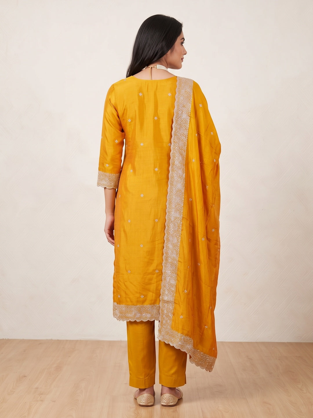 Peachmode Mustard Embroidered Vichitra Silk Dress Material - Image 3