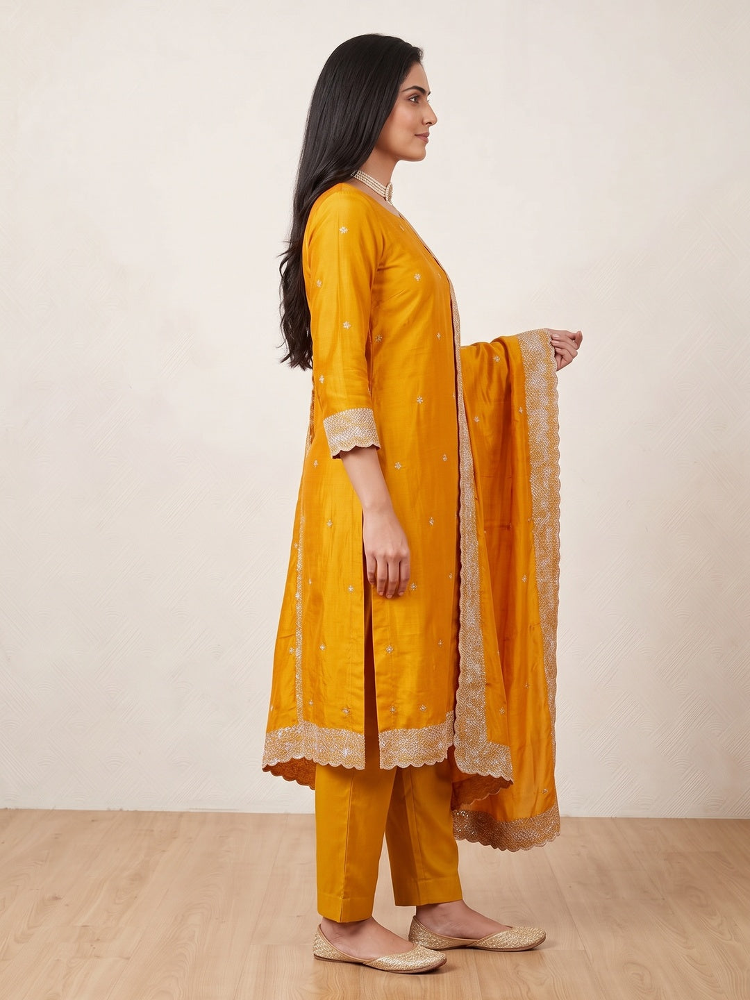 Peachmode Mustard Embroidered Vichitra Silk Dress Material - Image 4