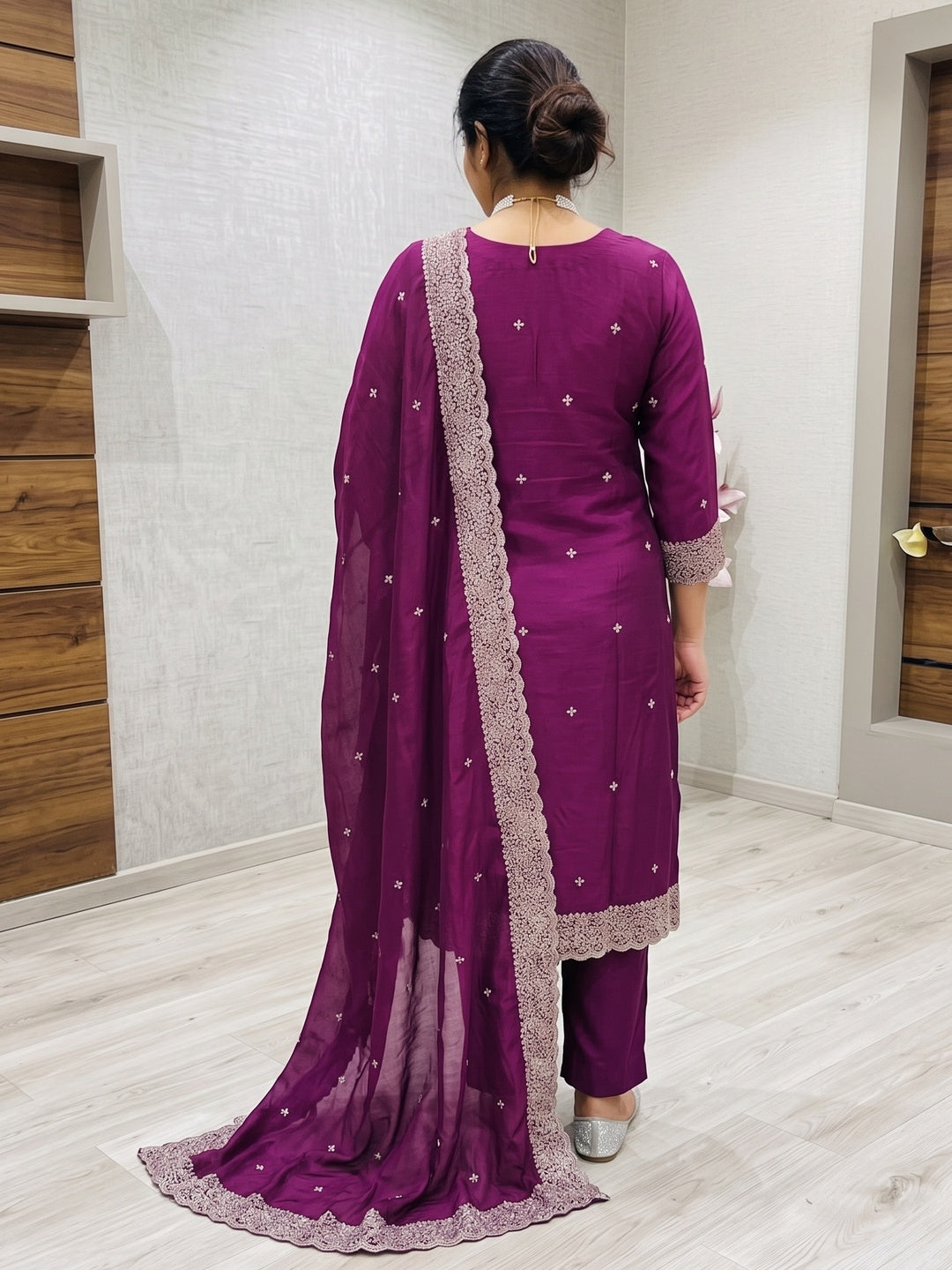 Peachmode Purple Embroidered Vichitra Silk Dress Material - Image 3