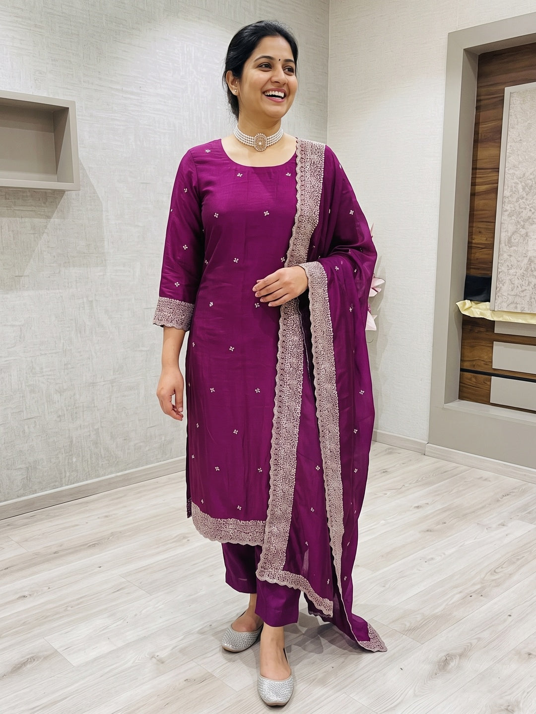 Peachmode Purple Embroidered Vichitra Silk Dress Material - Image 5