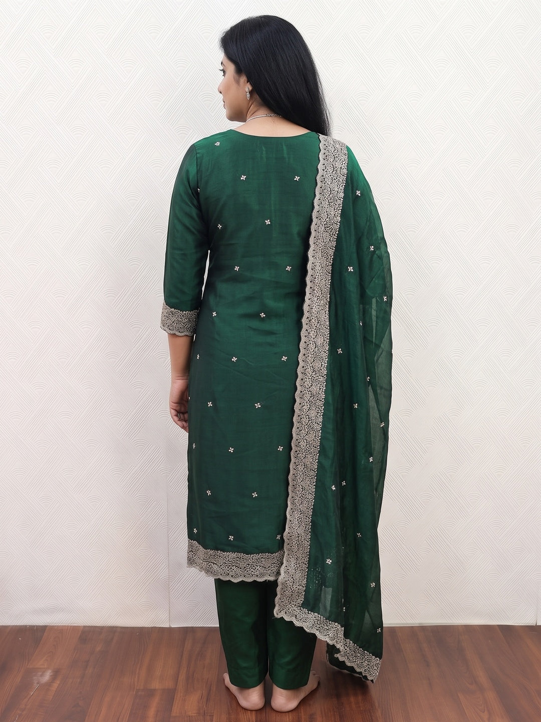 Peachmode Green Embroidered Vichitra Silk Dress Material - Image 3