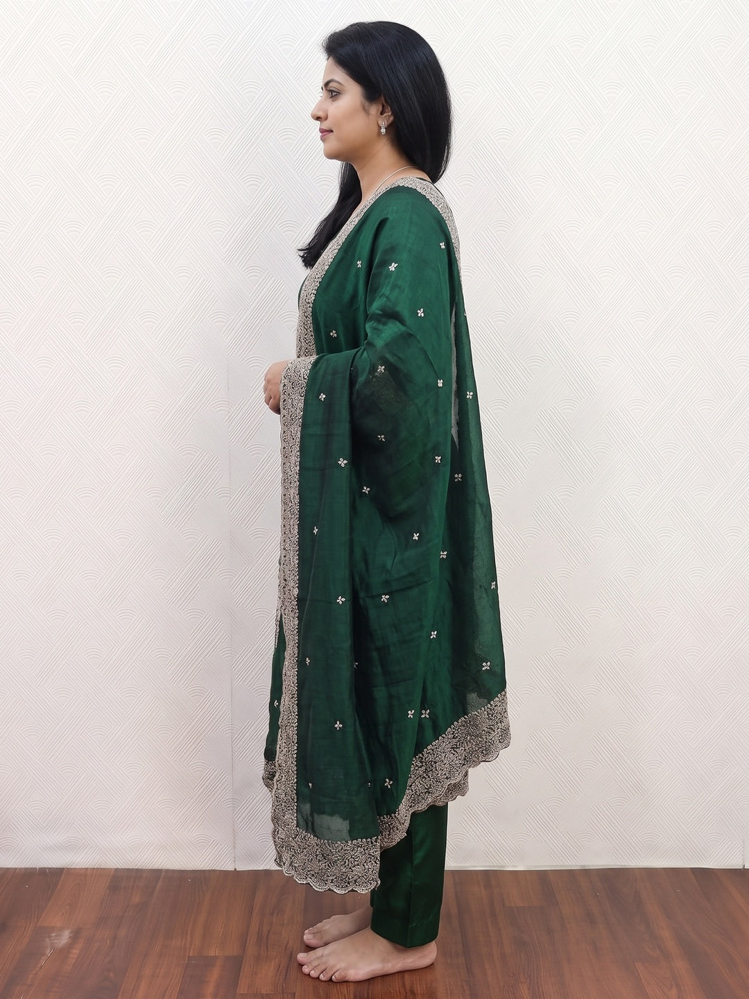 Peachmode Green Embroidered Vichitra Silk Dress Material - Image 4