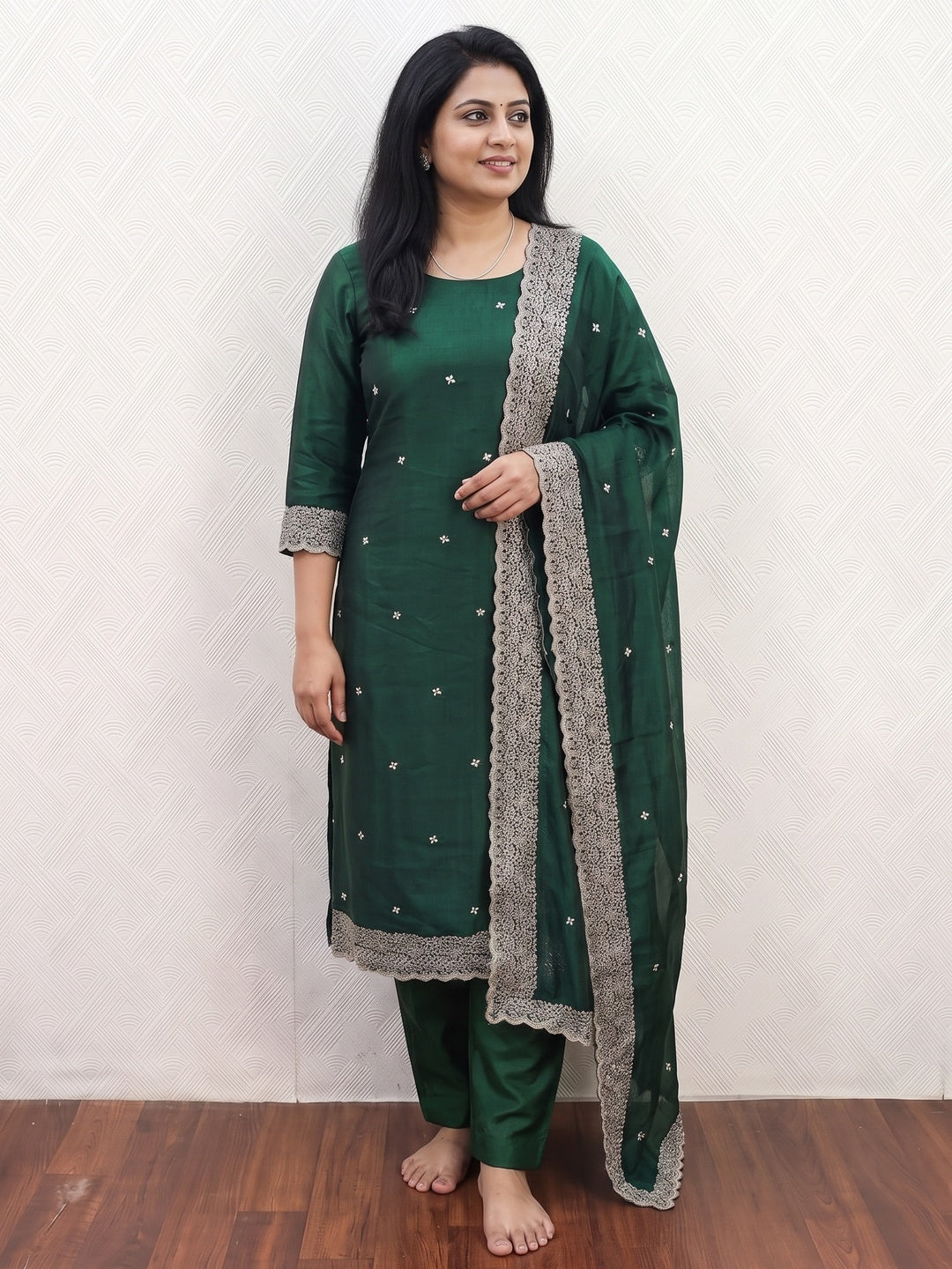 Peachmode Green Embroidered Vichitra Silk Dress Material - Image 5
