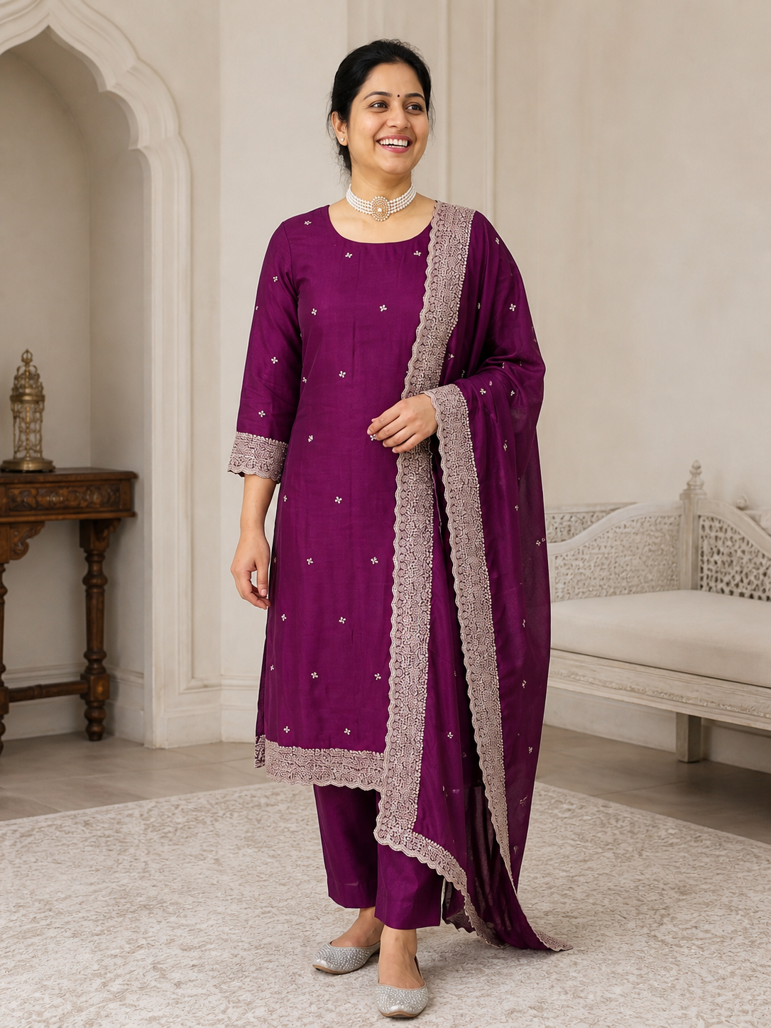 Peachmode Purple Embroidered Vichitra Silk Dress Material - Image 1