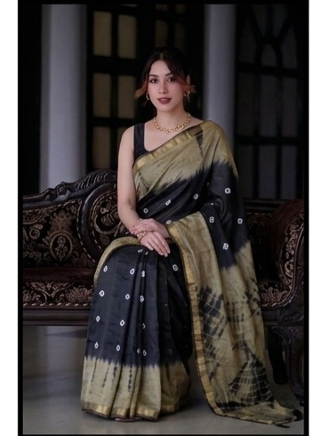 Peachmode Black & Beige Shibori Bandhani Mul Cotton Saree - Image 3