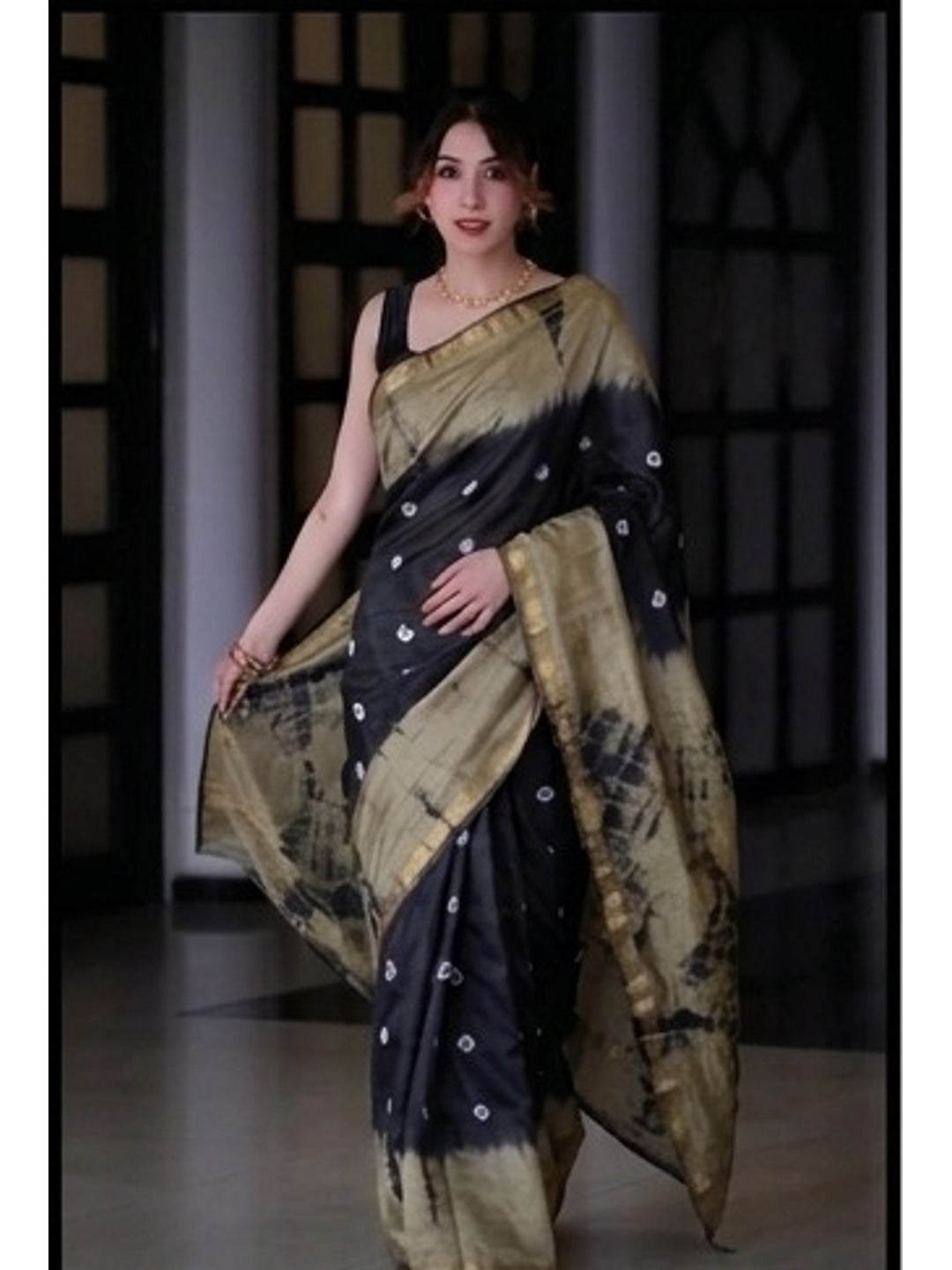 Peachmode Black & Beige Shibori Bandhani Mul Cotton Saree - Image 1