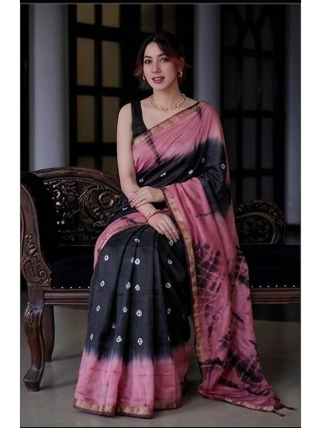 Peachmode Black & Pink Shibori Bandhani Mul Cotton Saree - Image 2
