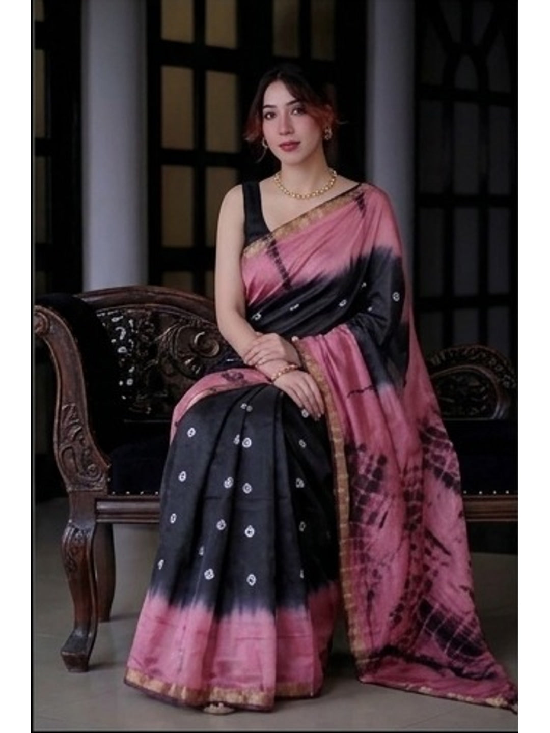 Peachmode Black & Pink Shibori Bandhani Mul Cotton Saree - Image 4
