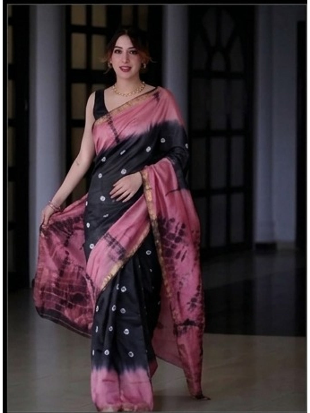 Peachmode Black & Pink Shibori Bandhani Mul Cotton Saree - Image 1