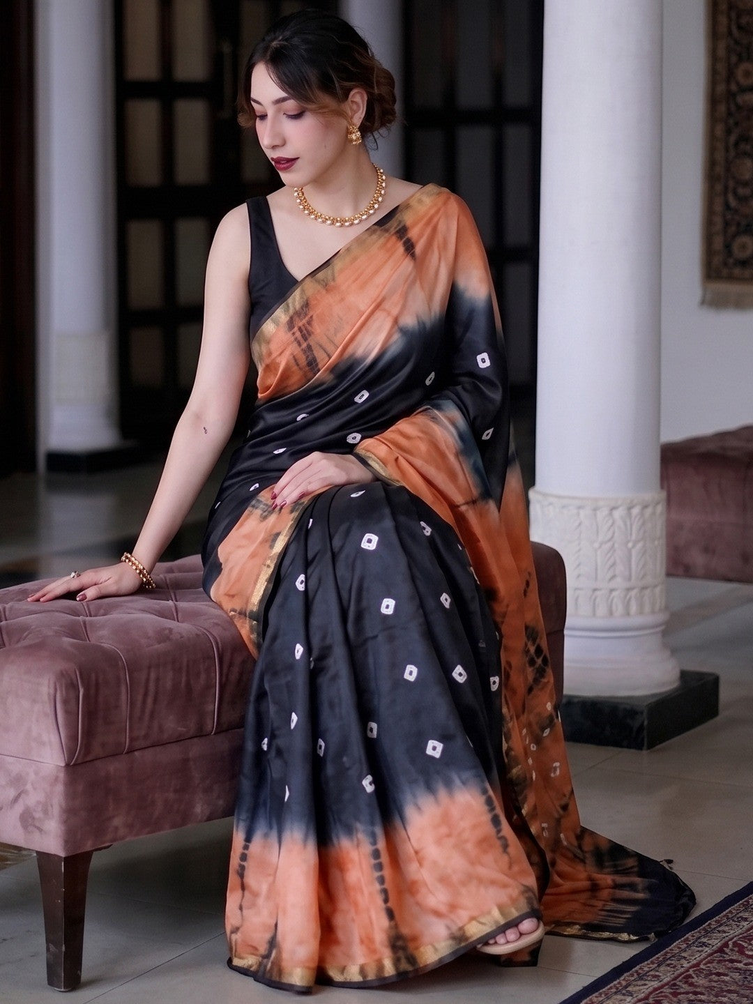 Peachmode Black & Peach Shibori Bandhani Mul Cotton Saree - Image 2