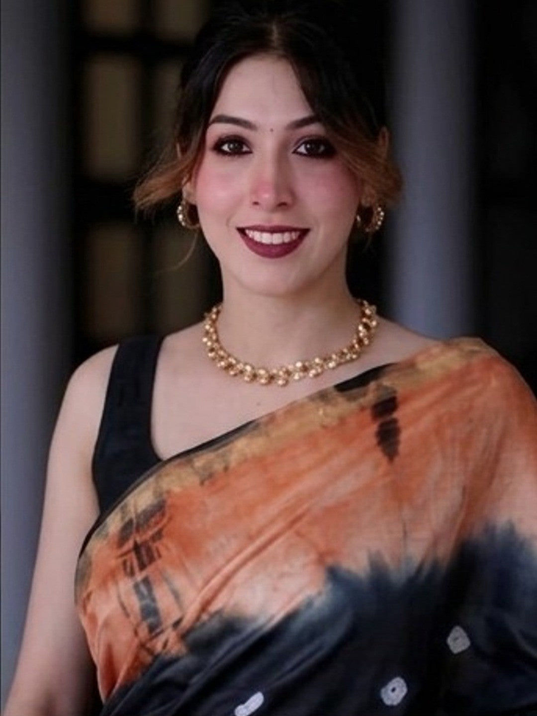 Peachmode Black & Peach Shibori Bandhani Mul Cotton Saree - Image 5