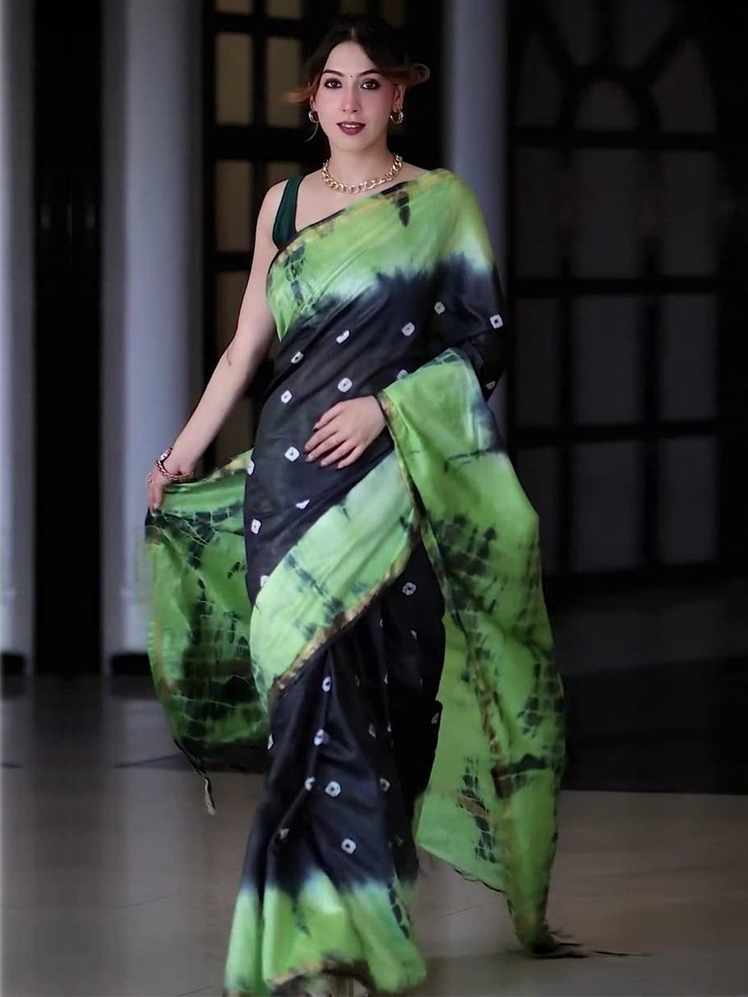 Peachmode Green Shibori Bandhani Mul Cotton Saree - Image 1