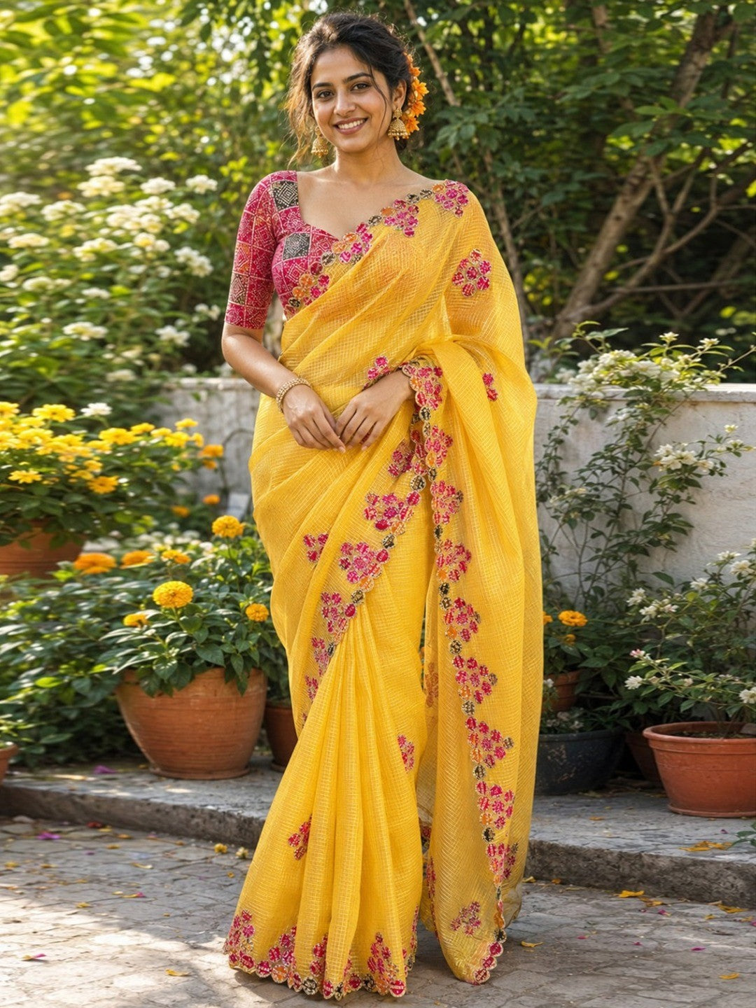 Peachmode Yellow Kota Doria Bandhej Patch Saree - Image 1