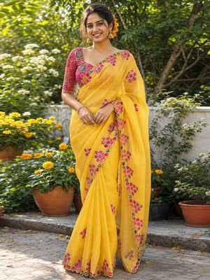 Peachmode Yellow Kota Doria Bandhej Patch Saree - Image 1