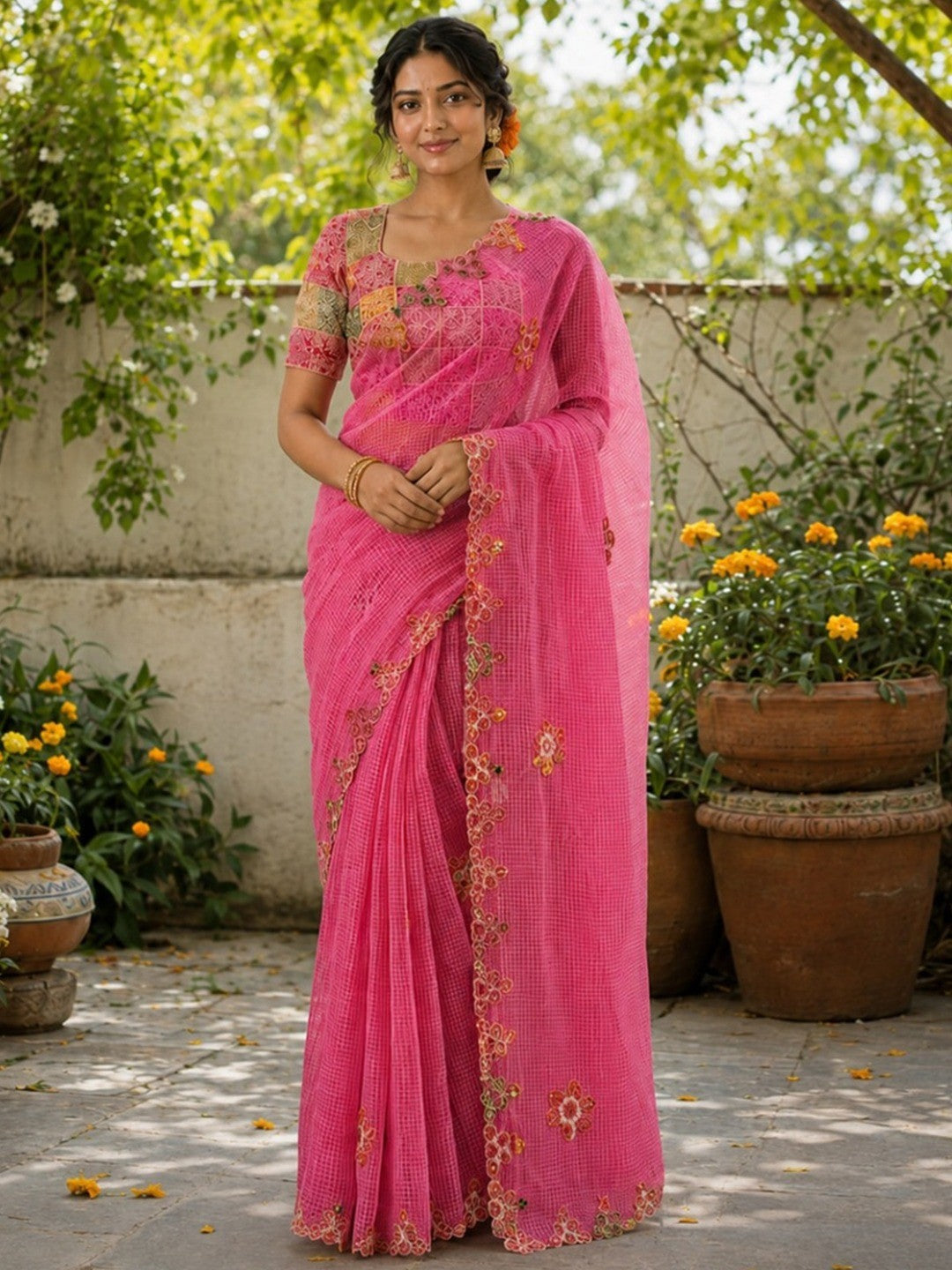 Peachmode Rani Pink Kota Doria Bandhej Patch Saree - Image 1