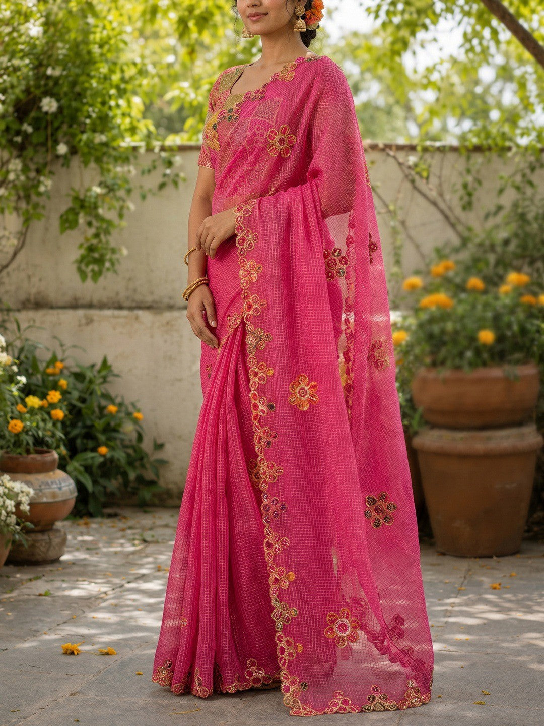 Peachmode Rani Pink Kota Doria Bandhej Patch Saree - Image 3