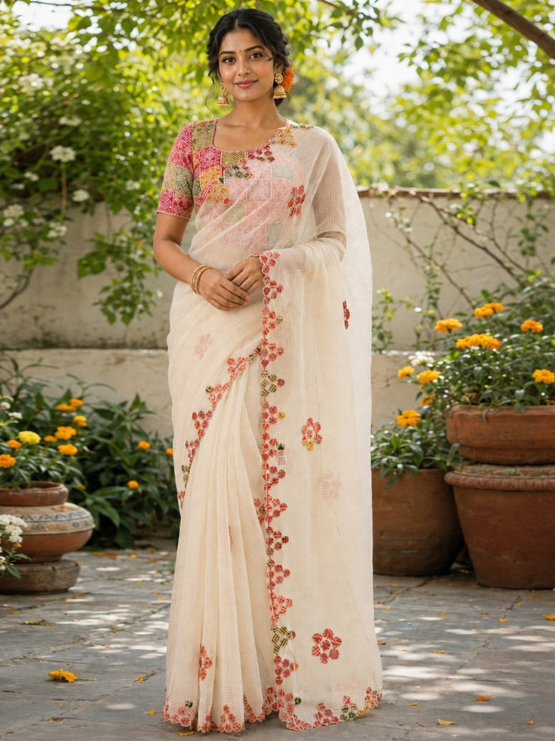 Peachmode White Kota Doria Bandhej Patch Saree - Image 1