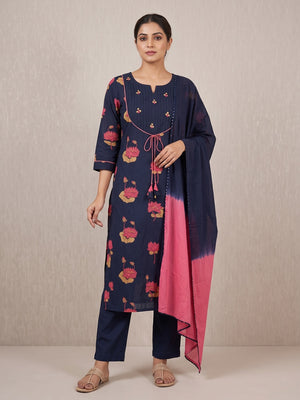 Peachmode Navy Blue Pure Cotton Lotus Printed Salwar Suit Set - Image 1