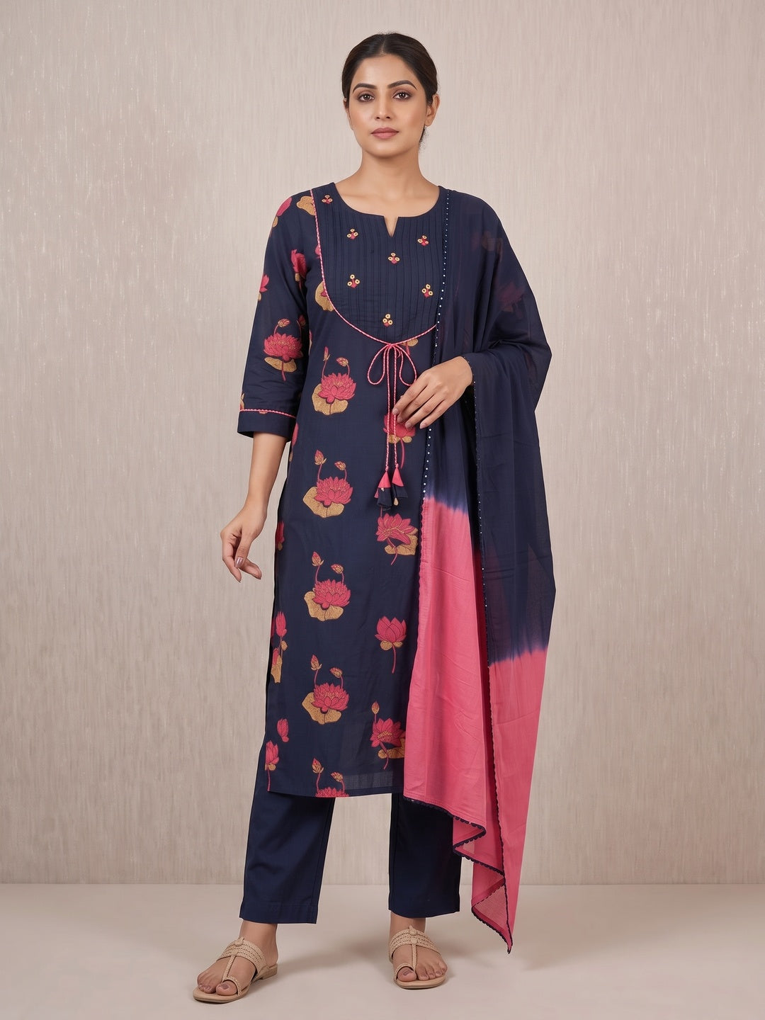 Peachmode Navy Blue Pure Cotton Lotus Printed Salwar Suit Set - Image 2
