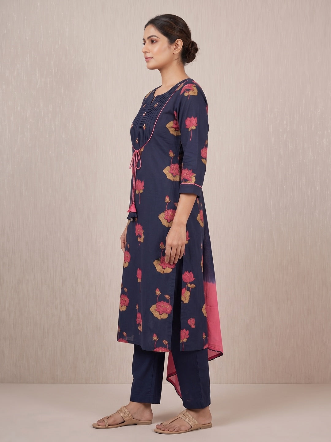 Peachmode Navy Blue Pure Cotton Lotus Printed Salwar Suit Set - Image 3