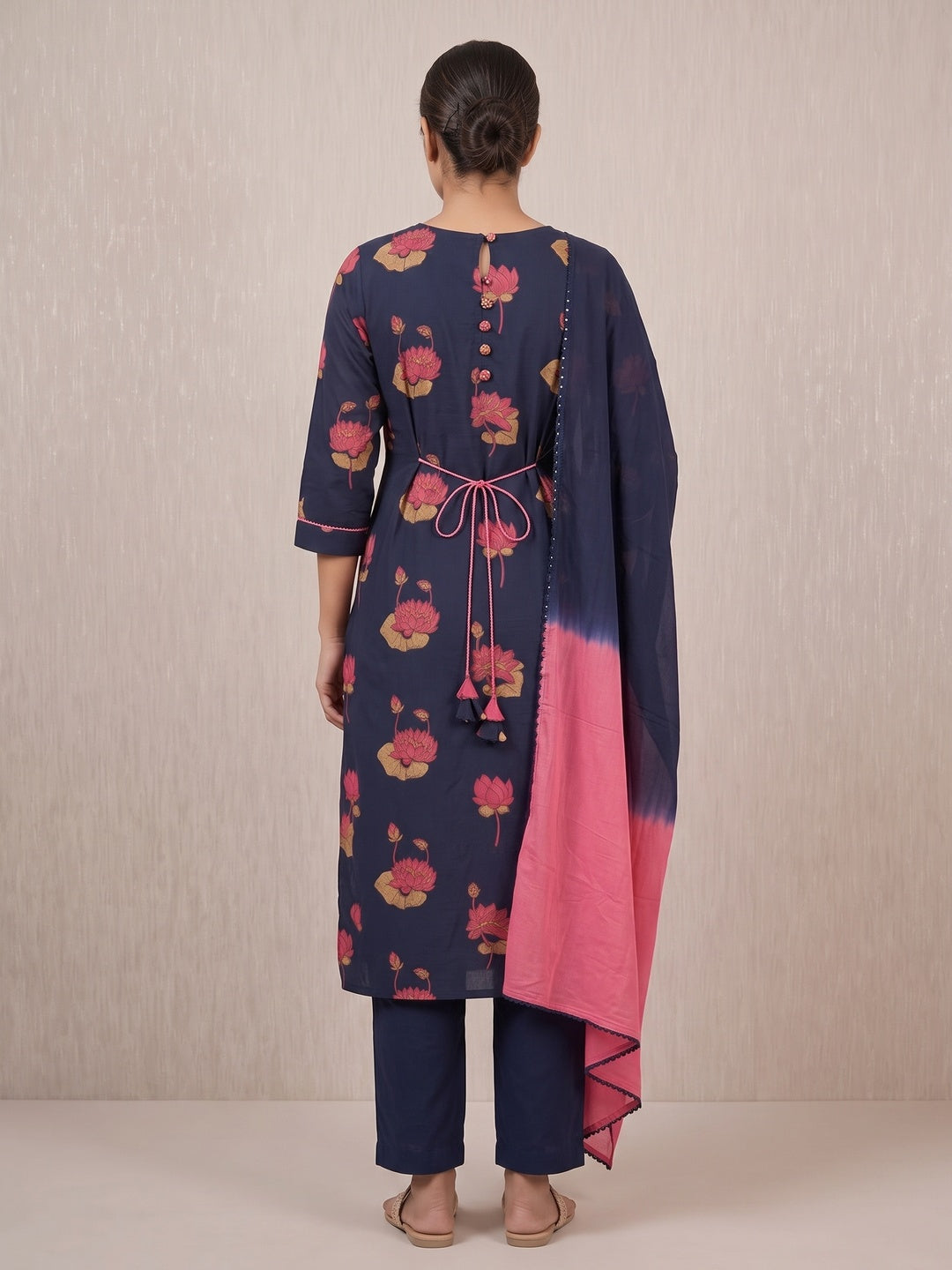 Peachmode Navy Blue Pure Cotton Lotus Printed Salwar Suit Set - Image 5