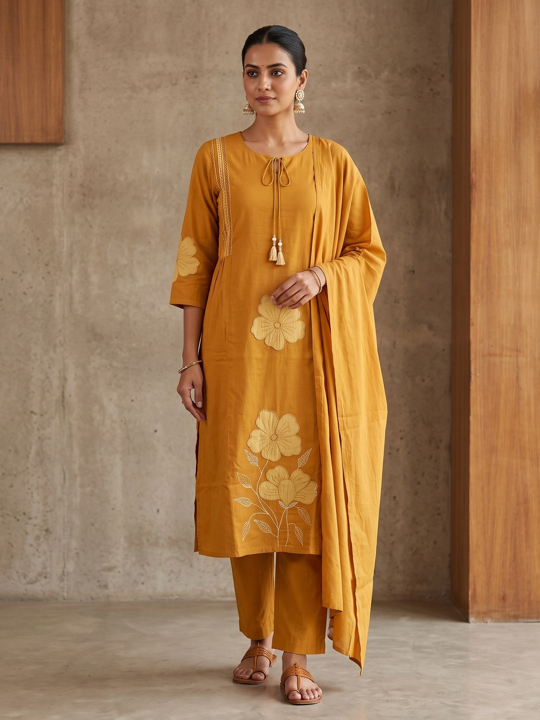 Peachmode Yellow Pure Cotton Floral Embroidered Salwar Suit Set - Image 1