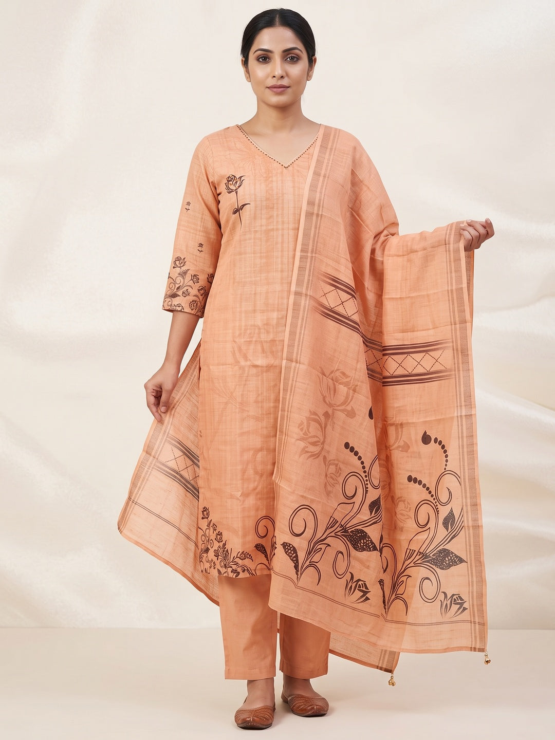 Peachmode Peach Linen Cotton Digital Printed Salwar Suit Set - Image 1