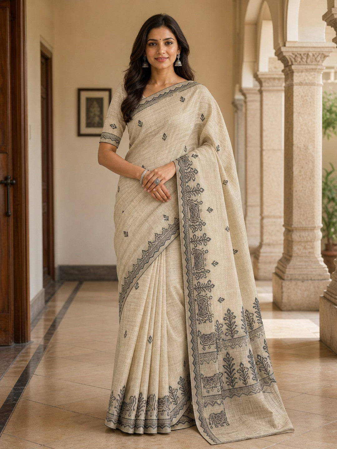 Peachmode Cream Grey Woven Cotton Blend Jamdani Saree - Image 1