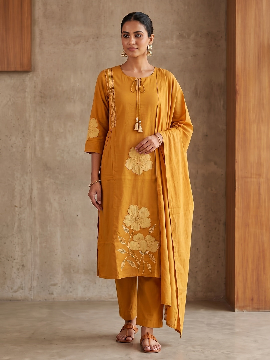 Peachmode Yellow Pure Cotton Floral Embroidered Salwar Suit Set - Image 2